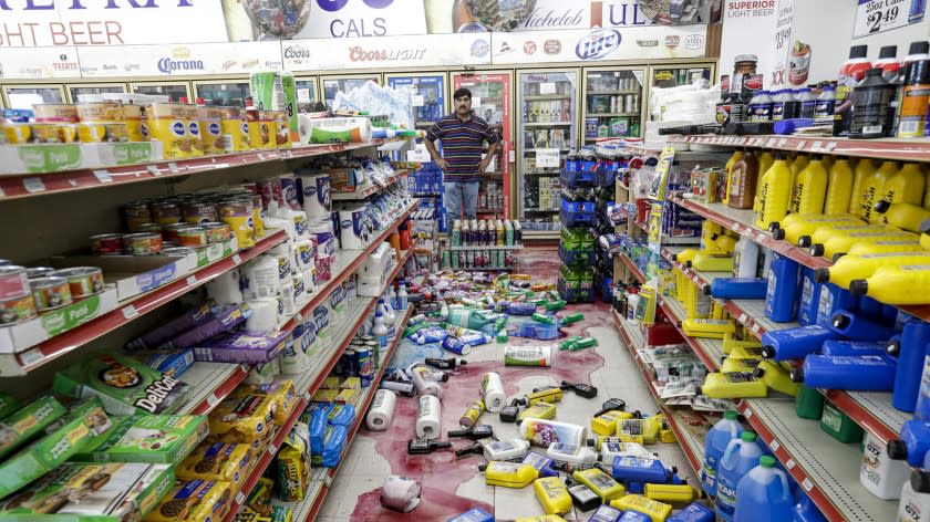 Javaid Waseem, owner of Minit Gas Station and store on Ridgecrest Blvd., whose store was hit by Thursday quake once again hit by earthquake on Friday in Ridgecrest.