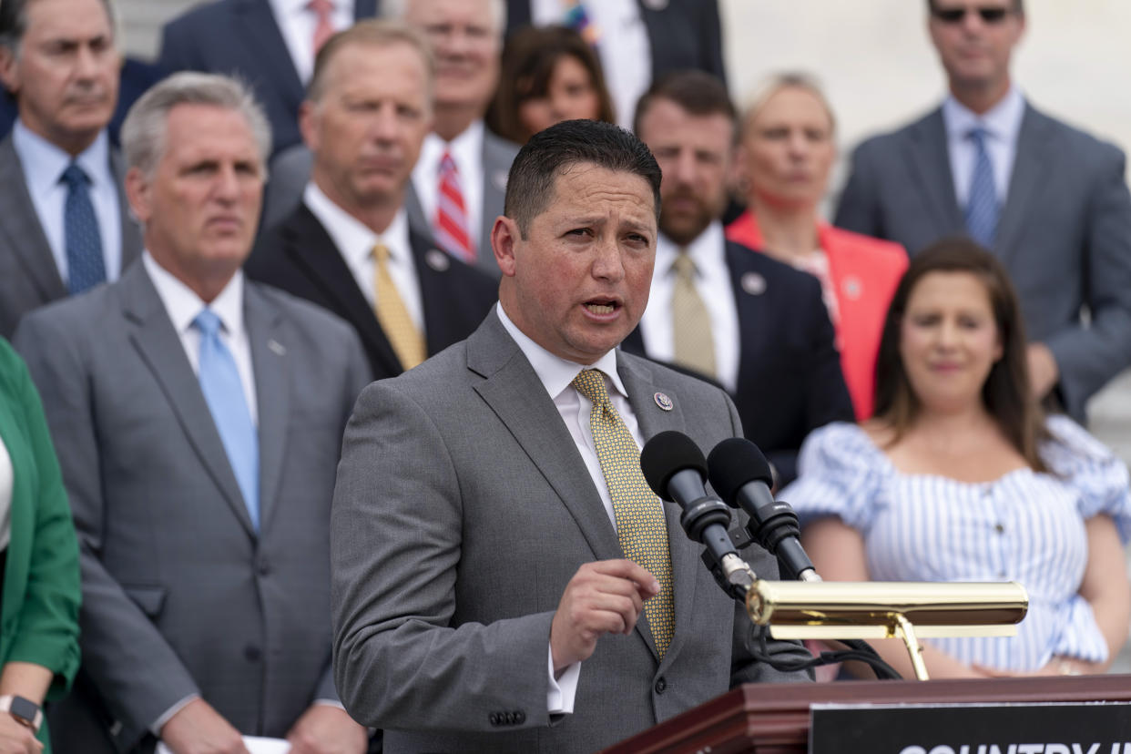 FILE - Rep. Tony Gonzales, R-Texas, center, accompanied by House Minority Leader Kevin McCarthy of Calif., left, and House Republican Conference chair Rep. Elise Stefanik, R-N.Y., right, speaks at a news conference on the steps of the Capitol in Washington, July 29, 2021. Gonzales was censured Saturday, March 4, 2023, in a rare move by his state party over votes that included supporting new gun safety laws after the Uvalde school shooting in his district. (AP Photo/Andrew Harnik, File)