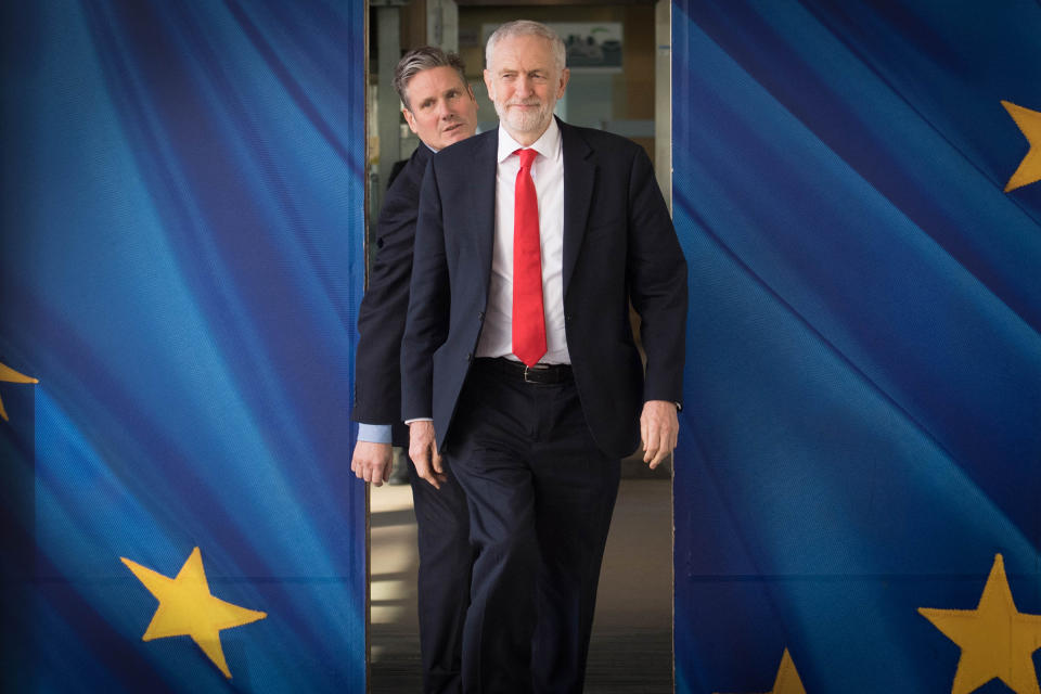 Labour leader Jeremy Corbyn (right) and then shadow Brexit secretary Starmer in Brussels ahead of the European Leaders' summit on March 21, 2019, at which point Prime Minister Theresa May was asking for an extension to Brexit.<span class="copyright">Stefan Rousseau—PA Images/Getty Images</span>