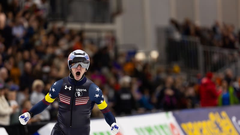 Ethan Cepuran, USA, celebrates after breaking a world record in the team pursuit with teammates Casey Dawson and Emery Lehman at the ISU World Cup Speed Skating at the Utah Olympic Oval in Kearns on Saturday, Jan. 27, 2024.