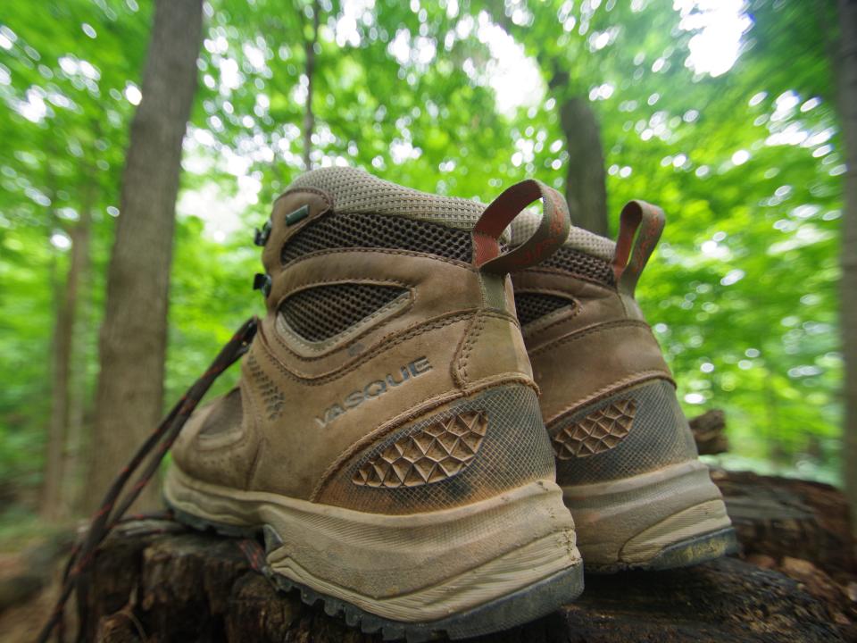 A pair of hiking boots photographed close up in the woods.