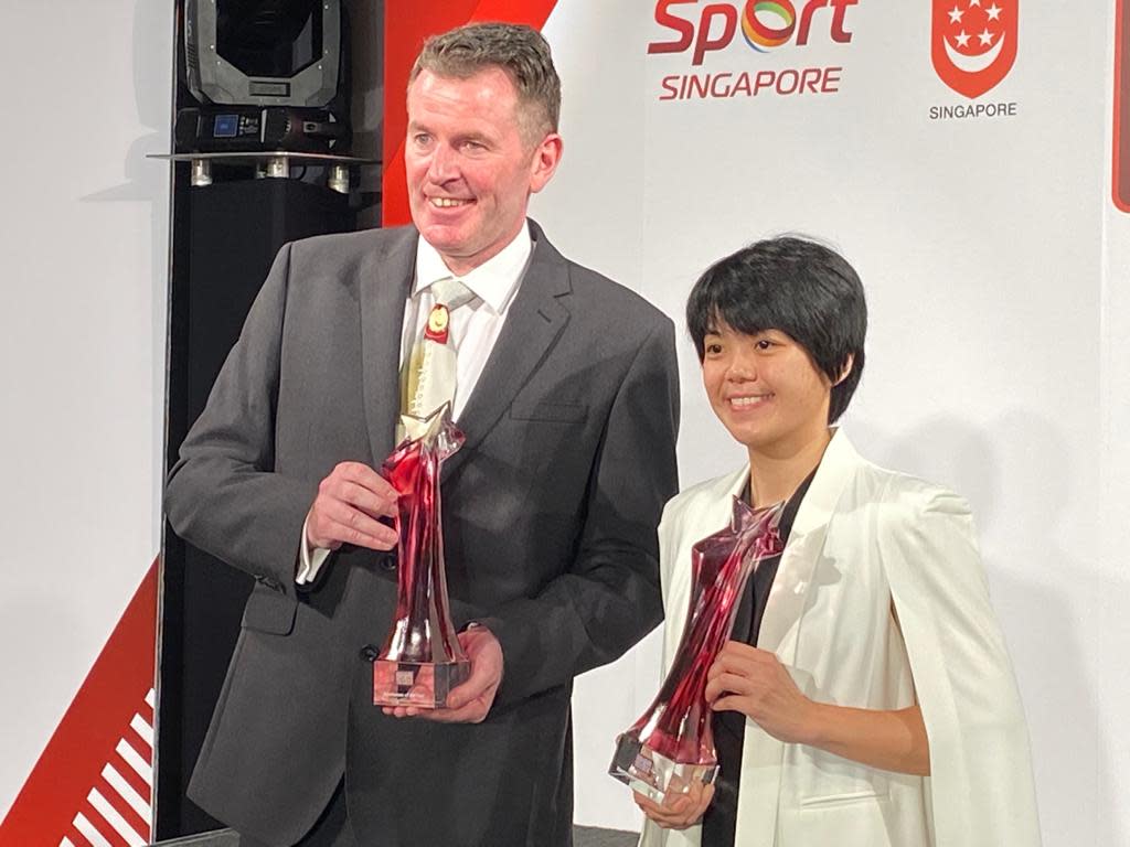 Peter Gilchrist (Sportsman of the Year) and Cherie Tan (Sportswoman of the Year) at Singapore Sports Awards 2020. (PHOTO: Chia Han Keong/Yahoo News Singapore)