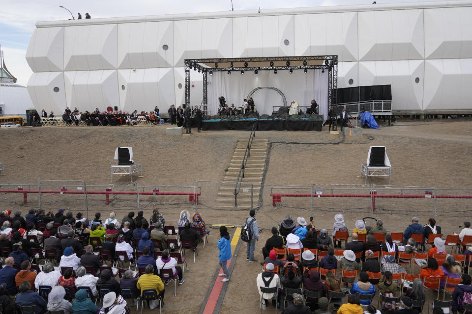 Pope Francis meets young people and elders at Nakasuk Elementary School Square in Iqaluit, Canada, Friday, July 29, 2022. Pope Francis travels to chilly Iqaluit, capital of northern Nunavut, to meet with Inuit Indigenous people, including school children and survivors of residential schools, in his final day in Canada. (AP Photo/Gregorio Borgia)