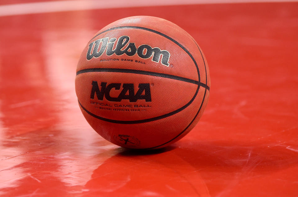 COLLEGE PARK, MD - DECEMBER 04:  A basketball on the floor during the game between the Maryland Terrapins and the St. Peter's Peacocks at Xfinity Center on December 4, 2020 in College Park, Maryland.  (Photo by G Fiume/ Maryland Terrapins/Getty Images)