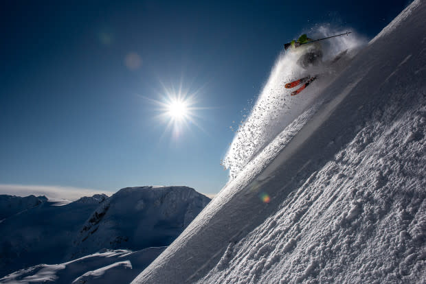 Chad Sayers drops into one of our very favorite morning zones in the Spearhead. An area that has been very generous to us over the seasons.<p>Photo: Guy Fattal</p>