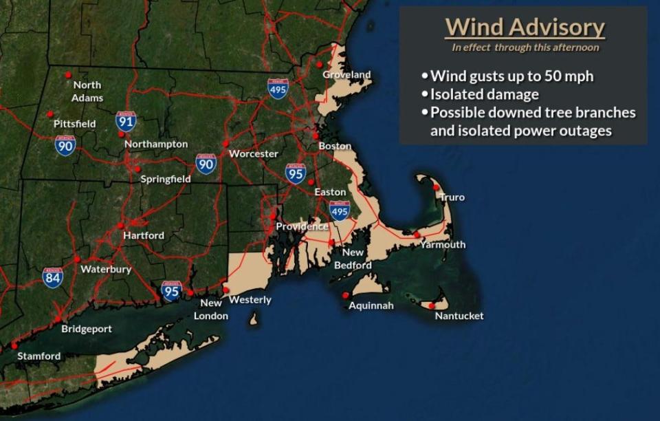 A wind advisory has been issued for Washington and Kent counties, as well as southern Bristol County.