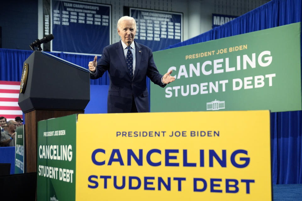 President Joe Biden leaves after delivering a speech on student debt at Madison College, Monday, April 8, 2024, in Madison, Wis. (AP Photo/Evan Vucci)