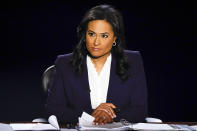 Moderator Kristen Welker of NBC News listens as President Donald Trump and Democratic presidential candidate former Vice President Joe Biden participate in the final presidential debate at Belmont University, Thursday, Oct. 22, 2020, in Nashville, Tenn. (Jim Bourg/Pool via AP)