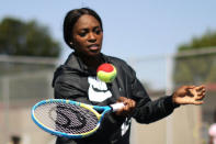 U.S. Open Champion Sloane Stephens teaches tennis to 400 elementary students at a workshop in Compton, California, U.S. April 12, 2018. REUTERS/Lucy Nicholson