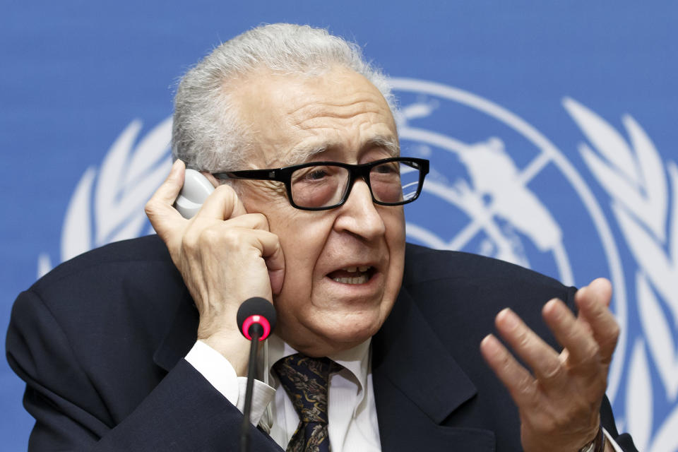 U.N. mediator for Syria Lakhdar Brahimi informs to media after the second day of the 2nd round of negotiation between the Syrian government and the opposition, during a press conference at the European headquarters of the United Nations, in Geneva, Switzerland, Tuesday, Feb. 11, 2014. (AP Photo/Keystone,Salvatore Di Nolfi)