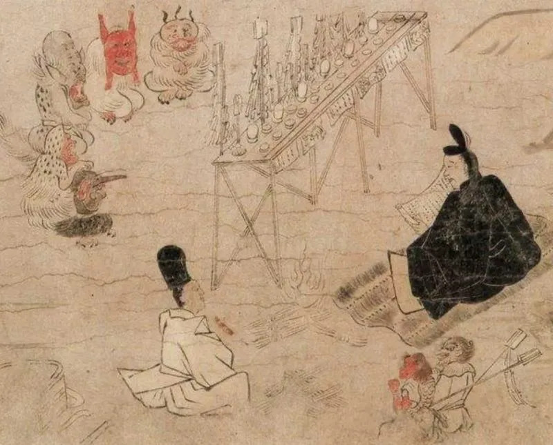 ▲陰陽師祈禱祭祀場面，圖右為安倍晴明。（圖／翻攝自Wikimedia Commons Public Domain）