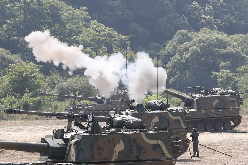 A South Korean army K-9 self-propelled howitzer fires during the annual exercise in Paju, South Korea, near the border with North Korea, Tuesday, June 23, 2020. A South Korean activist said Tuesday hundreds of thousands of leaflets had been launched by balloon across the border with North Korea overnight, after the North repeatedly warned it would retaliate against such actions. (AP Photo/Ahn Young-joon)