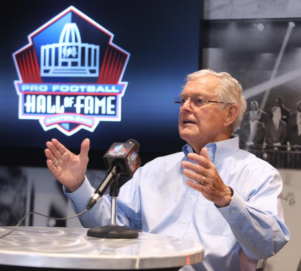 Dick Vermeil speaks to the media at the Pro Football Hall of Fame in Canton on Wednesday, April 6, 2022. Vermeil is a member of the Class of 2022.