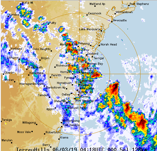 A Bureau of Meteorology rain radar map shows the severe thunderstorms brewing over Sydney. Source: Bureau of Meteorology