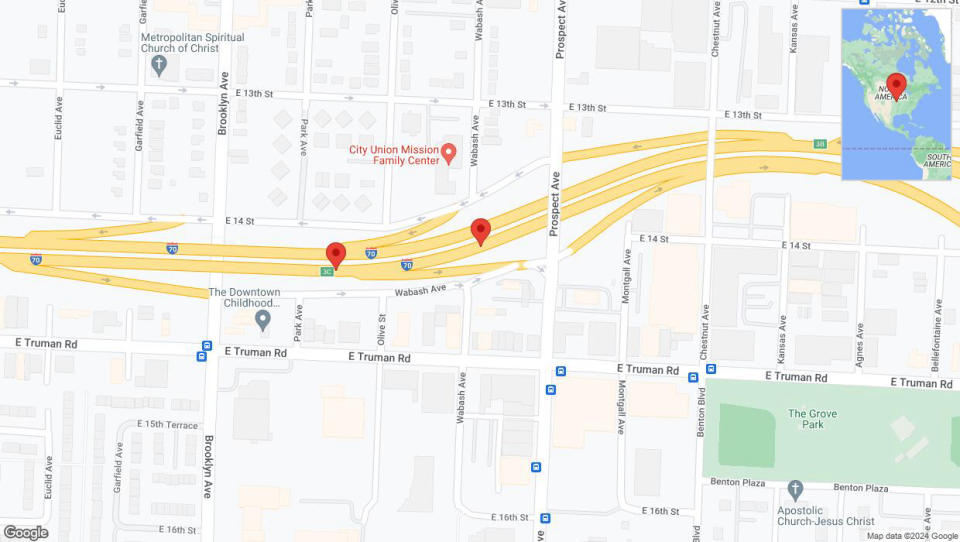 A detailed map that shows the affected road due to 'Broken down vehicle on eastbound I-70 in Kansas City' on July 16th at 5:32 p.m.