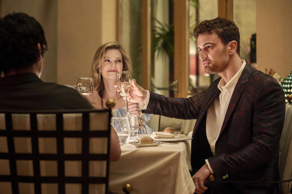 Will Sharpe, Meghann Fahy and Theo James in 'The White Lotus' Season 2 finale.