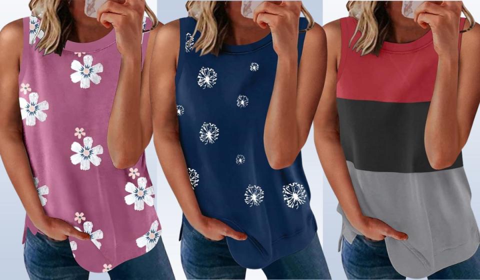 Three tank tops in different prints and colors.