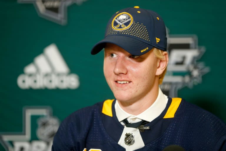 Rasmus Dahlin answers questions from the media after being selected first overall by the Buffalo Sabres during the first round of the 2018 NHL Draft, at American Airlines Center in Dallas, Texas, on June 22