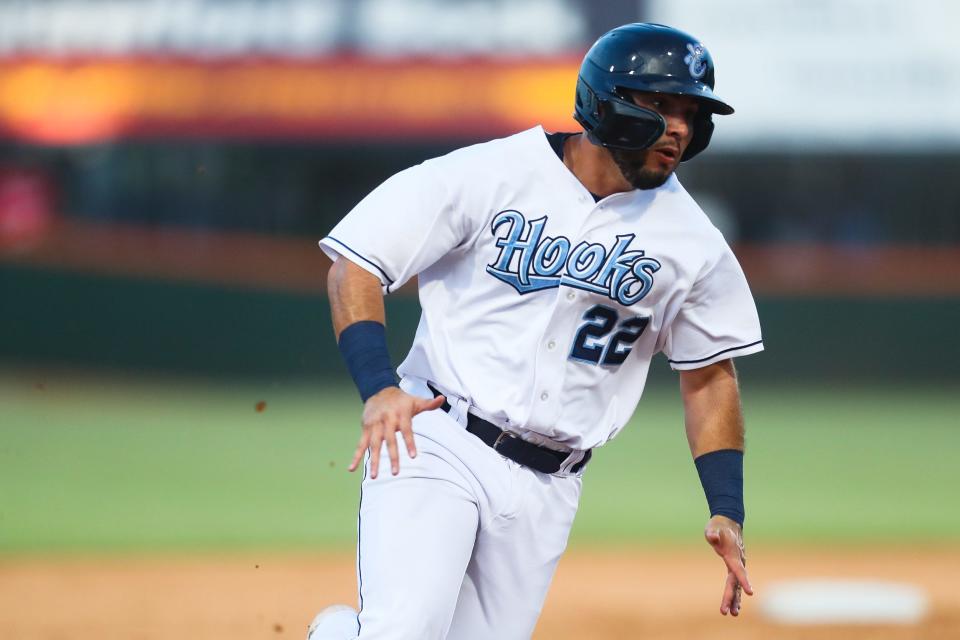 Hooks outfielder Wilyer Abreu (22) rounds third base in a game against the Wichita Wind Surge on Tuesday, May 24, 2022 at Whataburger Field. The Hooks lost 8-3.