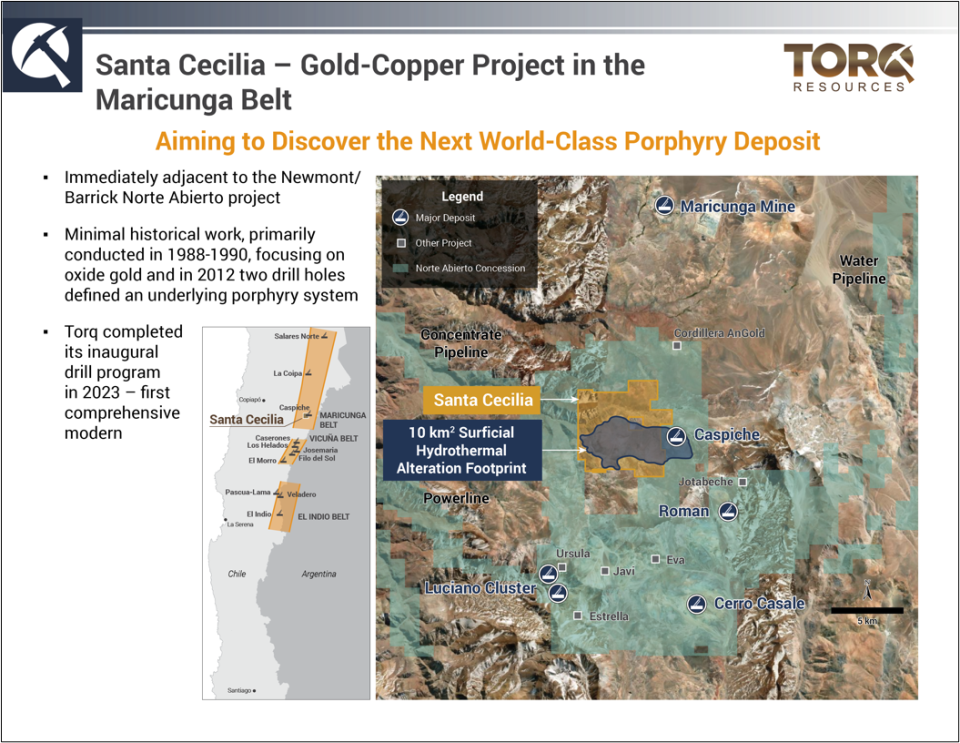 Figure 1:Illustrates the location of the Santa Cecilia project in the Maricunga belt and in relation to the Norte Abierto joint venture, held by Newmont and Barrick, which consists of the Caspiche and Cerro Casale deposits.