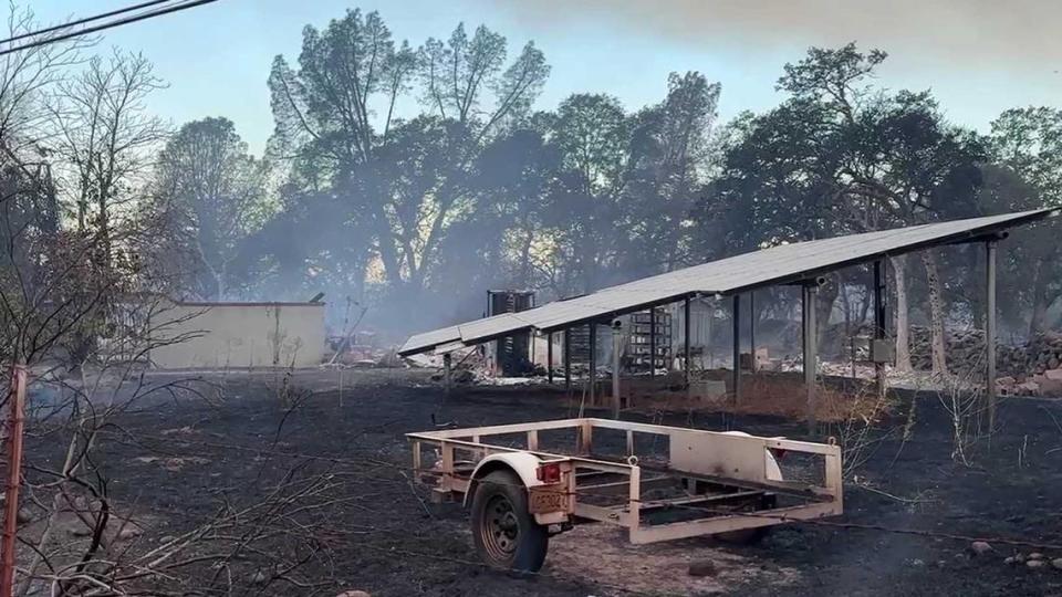 Outbuildings are seen charred from the Park Fire in Butte County, northeast of Chico, on Thursday, July 25, 2024. The fire jumped to more than 45,000 acres less than a day after sparking in Upper Bidwell Park, prompting evacuations.