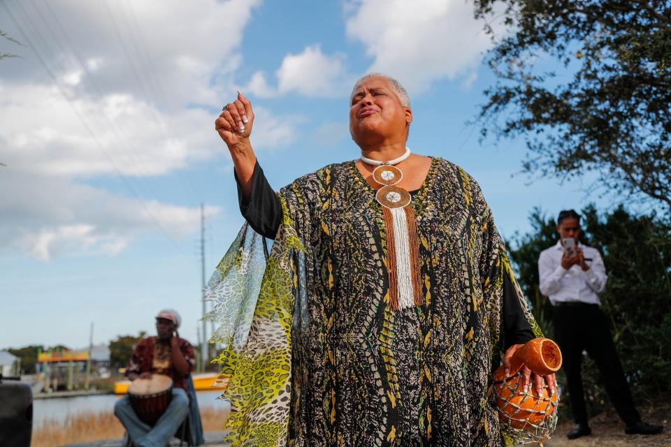 Lillian Grant-Baptiste speaks during a libation ceremony near the Lazaretto Boat Ramp to kick off the 34 Annual Savannah Black Heritage Festival on February 1, 2023.