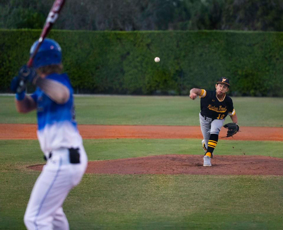 Bishop Verot's Aidan Knaak (19) pitches during the Bishop Verot and Community School of Naples baseball game on Thursday, Feb. 24, 2022 at Barron Collier High School in Naples, Fla. 