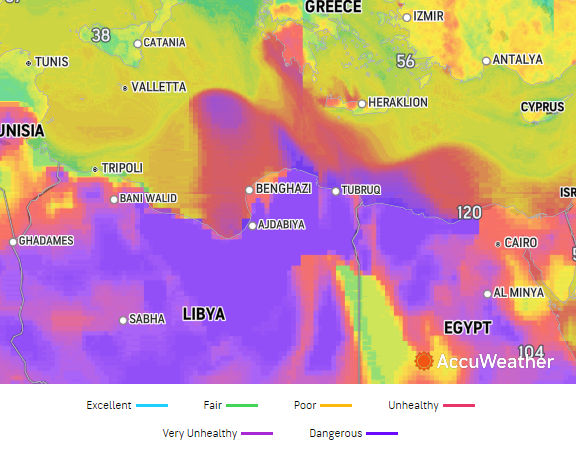 AccuWeather AQI (Air Quality) readings were in the Unhealthy to Dangerous levels in much of northern Libya and Egypt on the evening of Tuesday, April 23, 2024.