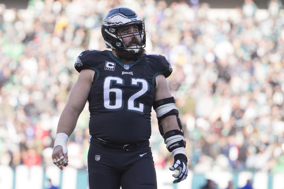 PHILADELPHIA, PA - NOVEMBER 25: Jason Kelce #62 of the Philadelphia Eagles looks on against the New York Giants at Lincoln Financial Field on November 25, 2018 in Philadelphia, Pennsylvania. (Photo by Mitchell Leff/Getty Images)