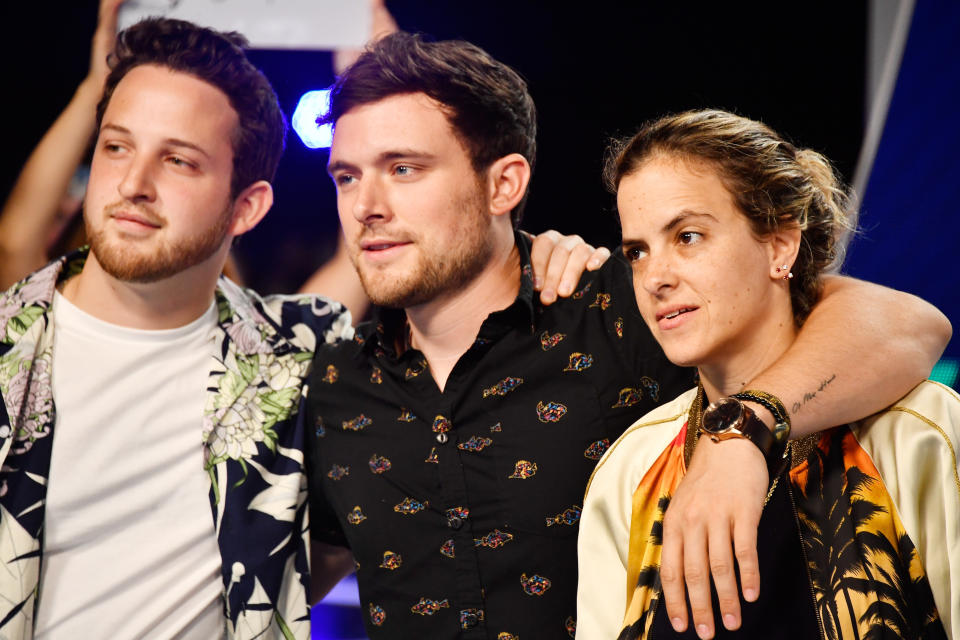 (L-R) Pete Nappi, Ethan Thompson and Samantha Ronson of Ocean Park Standoff attend the 2017 MTV Video Music Awards at The Forum on Aug. 27, 2017 in Inglewood, California.&nbsp;