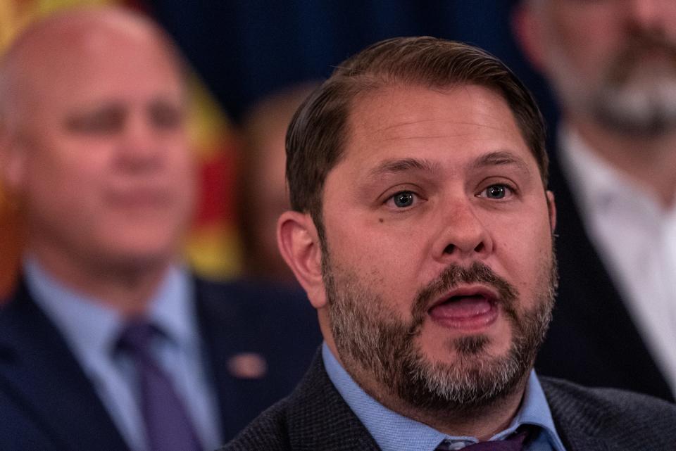 Rep. Ruben Gallego, D-Arizona, speaks during a press conference discussing Colorado River conservation investments at the state Capitol in Phoenix on April 6, 2023.