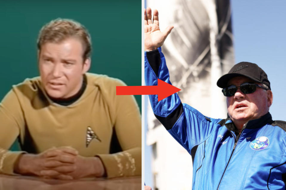 Shatner as Capt. Kirk on the left and Shatner after landing on the right