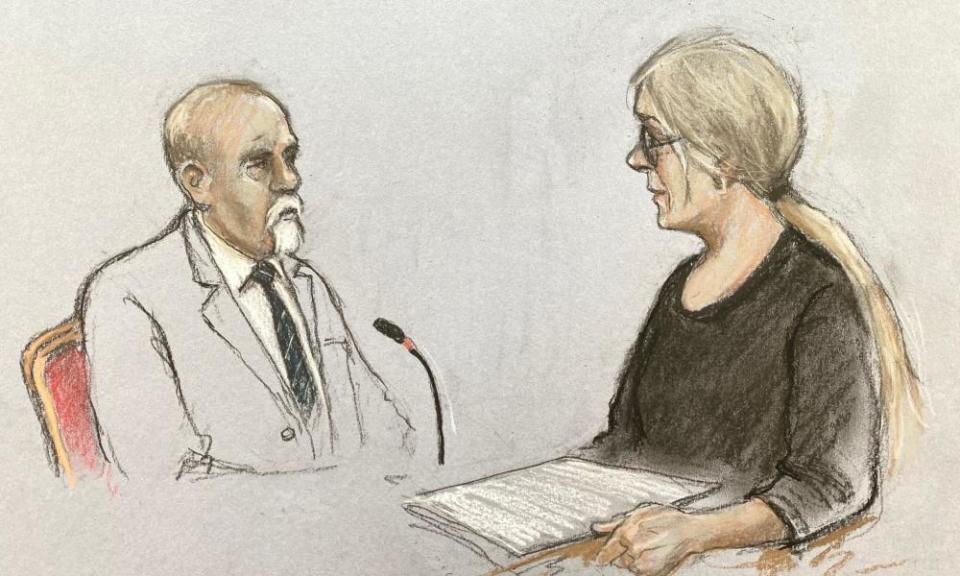 Court artist drawing of David Rees being questioned by counsel for the inquest Bridget Doland KC