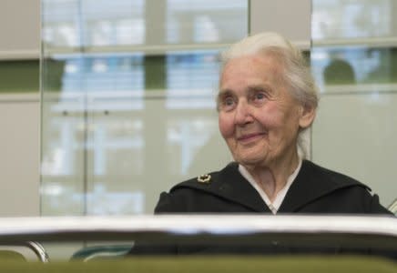 FILE PHOTO - Ursula Haverbeck, accused of denying the holocaust, sits in a courtroom in Berlin, Germany, October 16, 2017.  REUTERS/Paul Zinken/Pool/File Photo