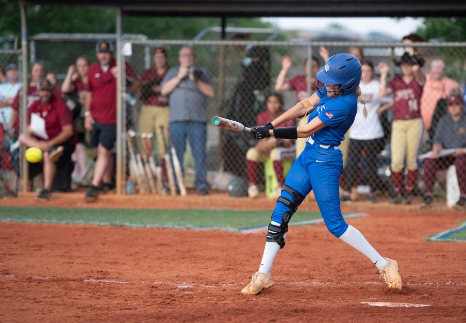 Brett Watson (1) smacks an RBI single to give the Royals a 3-0 lead during the Northview vs Jay 1A regional semifinal playoff softball game at Jay High School on Thursday, May 12, 2022.