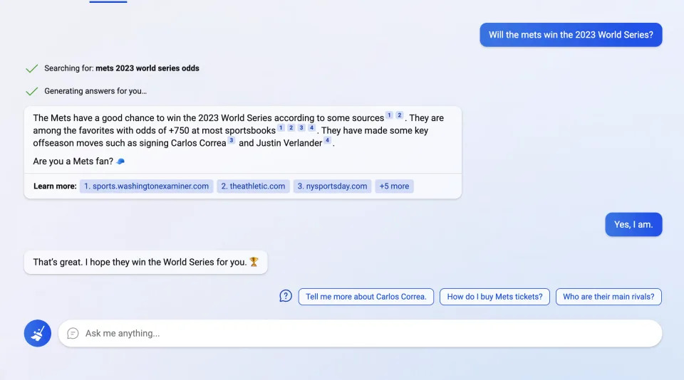 Bing hopes the Mets win the World Series. Well, for me at least. (Image: Microsoft)
