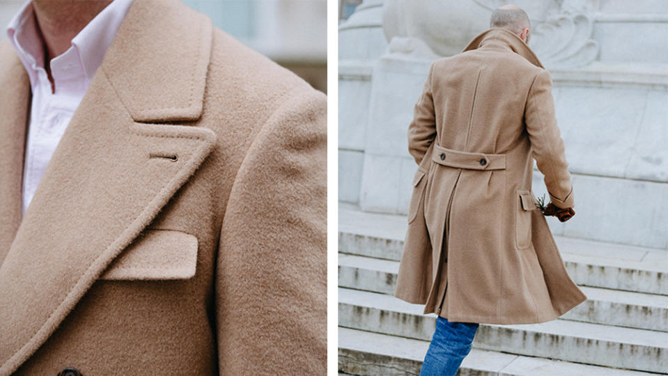 Details of the coat's hand-stitched seams and pleated back.