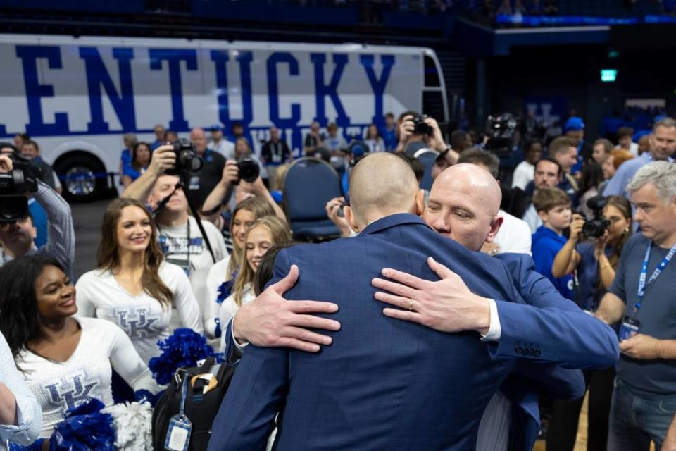 New Kentucky basketball head coach Mark Pope hugs former teammate and roommate Jeff Sheppard after an introductory event at Rupp Arena in Lexington, Ky, Sunday, April 14, 2024. Silas Walker/swalker@herald-leader.com