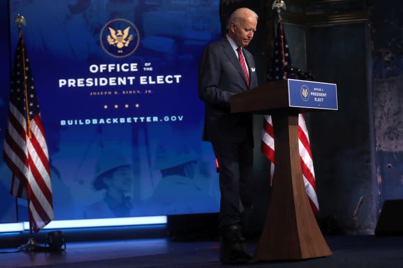 U.S. President-elect Joe Biden makes remarks on the economy from Wilmington, US