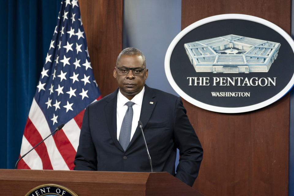 Secretary of Defense Lloyd Austin pauses while speaking during a media briefing at the Pentagon, Wednesday, Nov. 17, 2021, in Washington. (AP Photo/Alex Brandon)