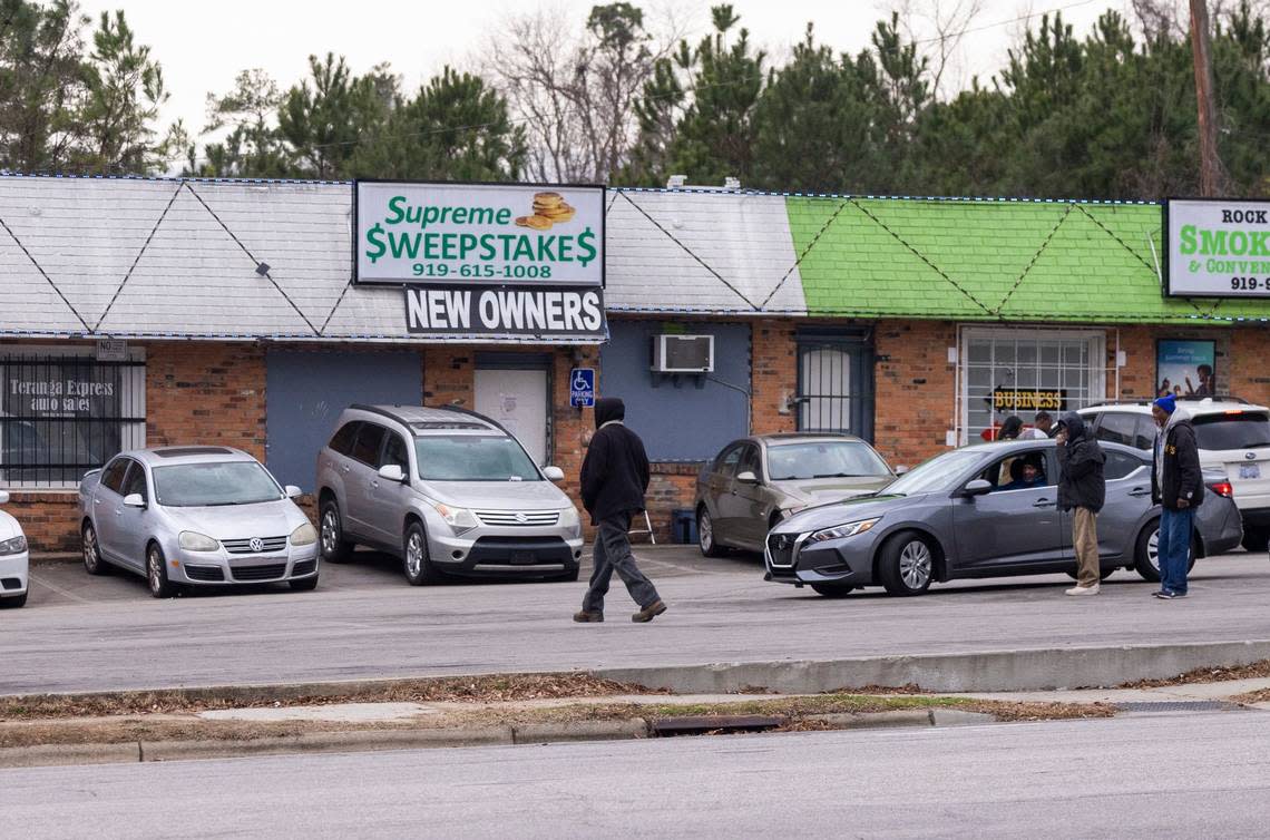 The scene outside Supreme Sweepstakes on Rock Quarry Road in Raleigh Tuesday morning, Jan. 17 2023 where a person died while in police custody.