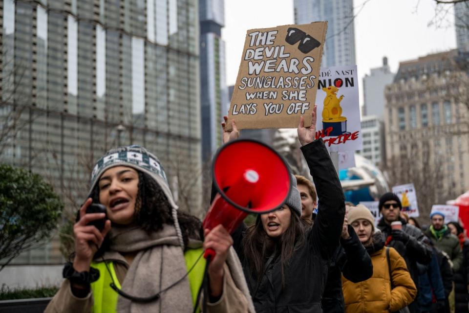 Unionised staff at Conde Nast outside its offices at One World Trade Center in New York on Tuesday (AFP via Getty Images)