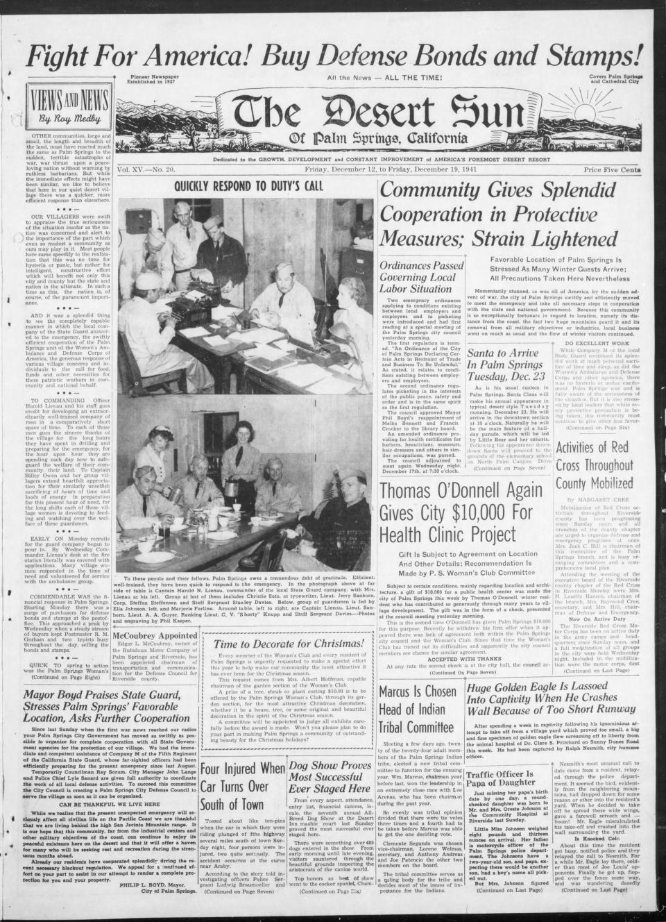 Front page of the Dec. 12 - Dec. 19, 1941 Desert Sun reporting on the Pearl Harbor attack.