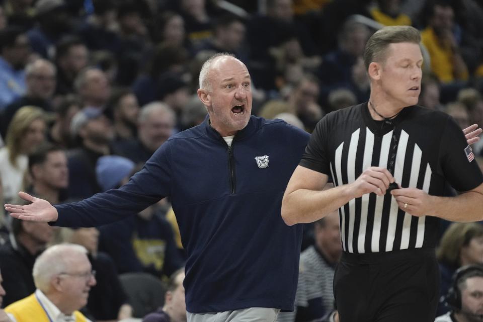 Butler head coach Thad Matta argues a call during the first half of an NCAA college basketball game Saturday, Feb. 4, 2023, in Milwaukee. (AP Photo/Morry Gash)