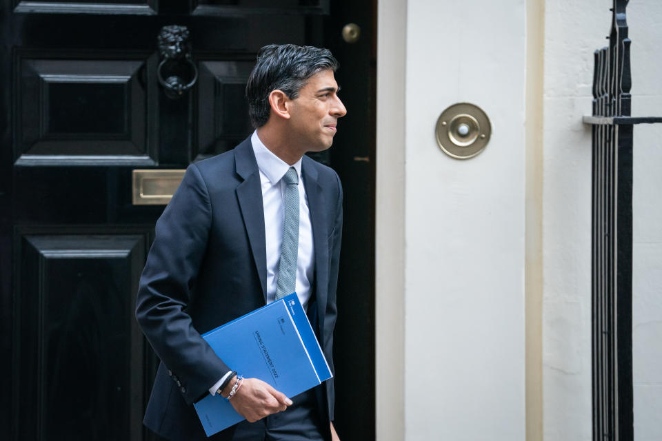 Chancellor of the Exchequer Rishi Sunak leaves 11 Downing Street as he heads to the House of Commons, London, to deliver his Spring Statement. Picture date: Wednesday March 23, 2022. (Photo by Aaron Chown/PA Images via Getty Images)