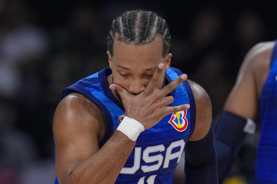 U.S. guard Jalen Brunson (11) gestures after a basket against Greece during the second half of a Basketball World Cup group C match in Manila, Philippines Monday, Aug. 28, 2023.(AP Photo/Michael Conroy)