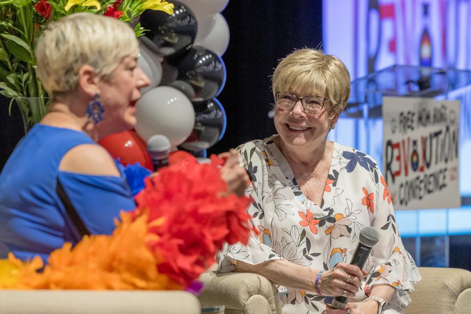 Free Mom Hugs founder Sara Cunningham, left, has has a conversation with Mama Bear Organization founder Liz Dyer, right, during the Free Mom Hugs Conference at the Oklahoma City Convention Center on Thursday, Sept. 7, 2023. Free Mom Hugs is a pro-LGBTQ+ group that started in OKC and spread throughout the country and the world. Cunningham started it once she realized that so many people from the LGBTQ+ community do not have the support of their parents and other loved ones because they do not support the LGBTQ+ community.