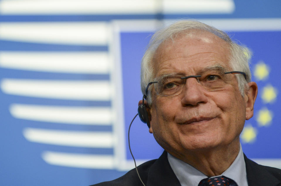 European Union foreign policy chief Josep Borrell speaks during a media conference after a meeting of EU foreign ministers at the European Council building in Brussels, Monday, Feb 22, 2021. (Johanna Geron, Pool via AP)