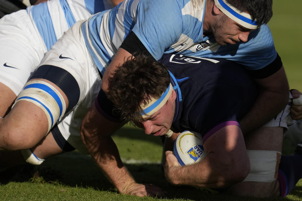 Scotland's Hamish Watson, below, is tackled by Argentina's Los Pumas Matías Alemanno during their rugby test match in Salta, Argentina, Saturday, July 9, 2022. (AP Photo/Natacha Pisarenko)