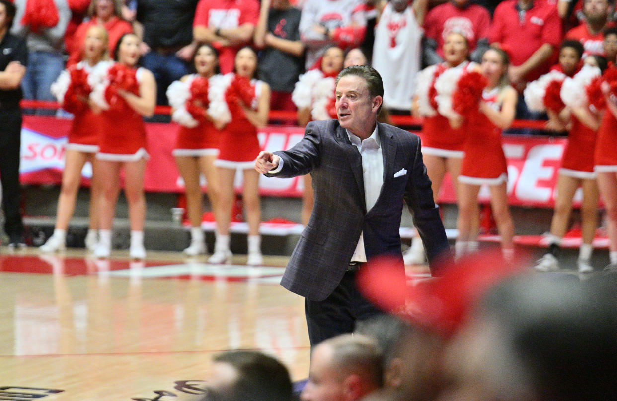 ALBUQUERQUE, NEW MEXICO - DECEMBER 18: Head coach Rick Pitino of the Iona Gaels gestures during the second half of his team's game against the New Mexico Lobos at The Pit on December 18, 2022 in Albuquerque, New Mexico. The Lobos defeated the Gaels 82-74. (Photo by Sam Wasson/Getty Images)